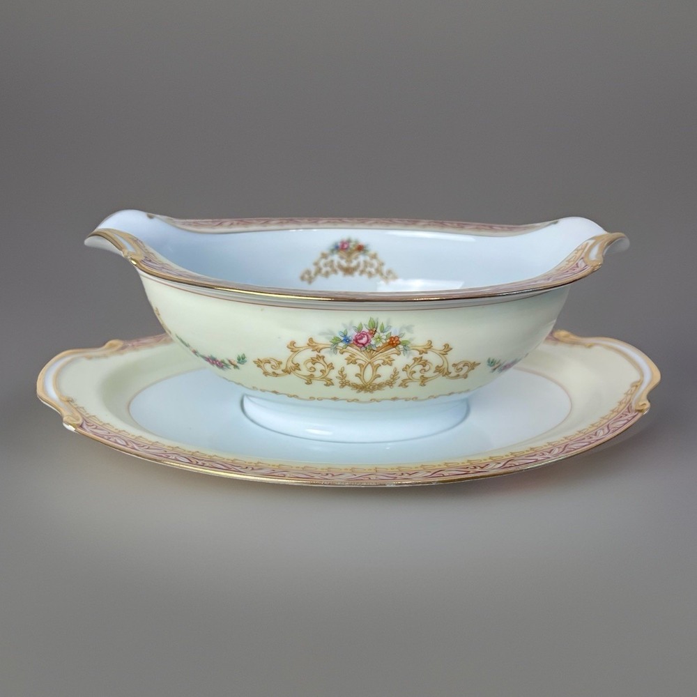 Noritake 3943 Wisteria - Gravy Boat with Attached Under Plate ~ RARE!